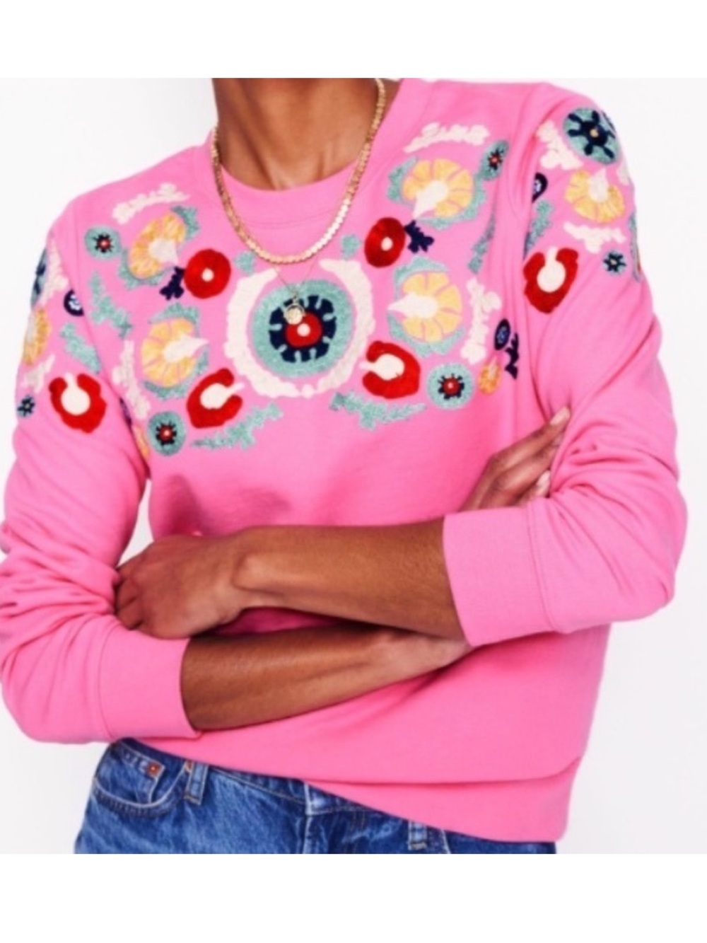 Boden Hannah Boho Folk Embroidered Pullover Sweatshirt Bright Pink Large Cotton